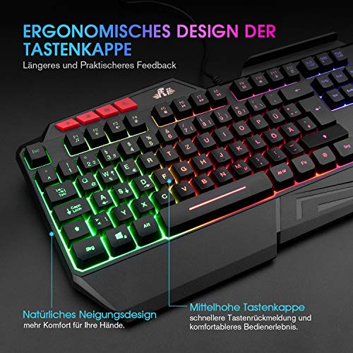 Rii Gaming Tastatur, PC Tastatur Beleuchtet Regenbogen Tastatur USB, 19 Anti-Ghosting, Gaming Keyboard Für PC/Laptop/PS4/Xbox One (Deutsches Layout)
