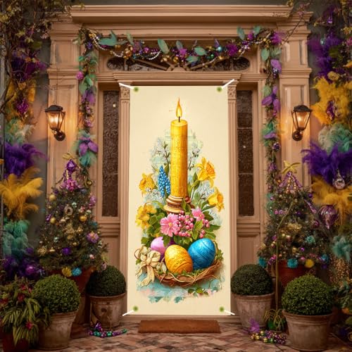 Image of Religious Easter Door Cover Candle and Eggs Banner Vintage Jesus Easter Door Decorations Home Party Outdoor Decor 35.4x71 Inch