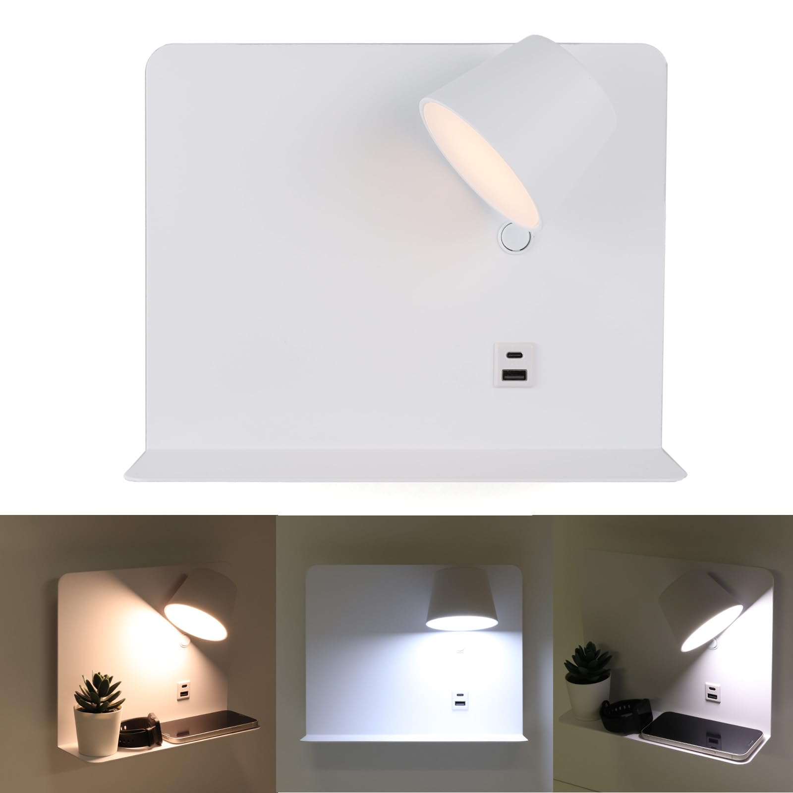 Aplique de Pared LED Orientable 6W con Tono de Color Ajustable (3000K/4000K/6000K), CRI>90, Interruptor, Puerto de Carga USB Tipo C y A, Soporte de Aluminio Blanco 28cm