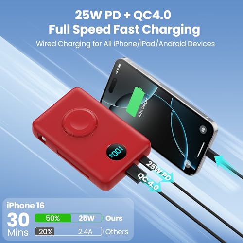Image of 6 in 1 Magnetic Portable Charger for iPhone with Built-in Cables, 10800mAh 25W PD Fast Charging Power Bank, 6 Outputs Travel Essential Battery Pack for iPhone 17 /16 /15 /14 /13 /12,Apple Watch (Red)