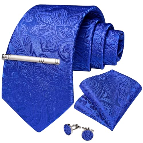 Image of DiBanGu Paisley Ties for Men Silk Necktie and Pocket Square Cufflinks Tie Clip Set Woven Classic Mens Tie for Wedding Party