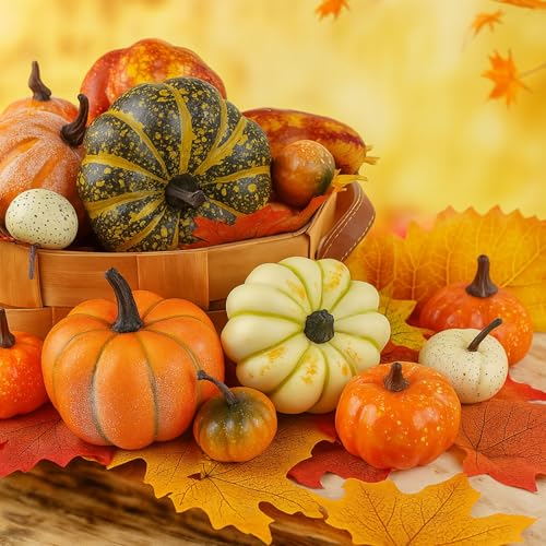 HAKACC 14 PCS Artificial Mixed Pumpkins for Decorating, Fake Pumpkins...