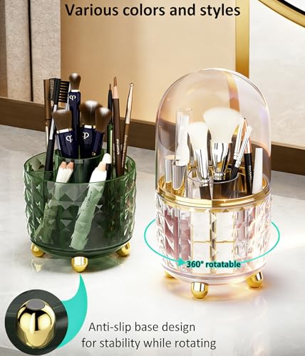 Image of GOTOBA 360 Rotating Pencil Holder for Desk, Makeup Brush Holder with 6 Slots, Desk Organizer for Writing Utensil, Office and School Supplies (Clear with cover)