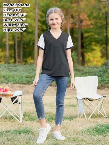 Image of GORLYA Girls Lace Sheer Sleeve Contrast T-Shirt Short Sleeve V Neck Casual Modest Tee Tops for 6-16Y