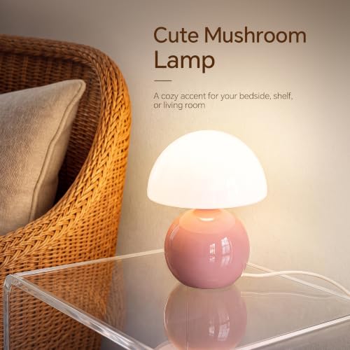 Image of Dawnwake Mushroom Lamp Table Lamp for Bedroom-Small Desk Table Lamps,Pink | 8.7 inch Mid Century Modern Table Lamps for Living Room Bedroom Decor,Cute Ceramic Lamps for Mushroom Home Room Decor,Glass Shade
