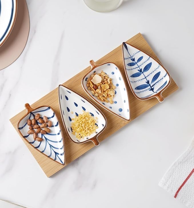Claiez Ceramic Serving Platter Set with Wooden Tray | 4 Leaf