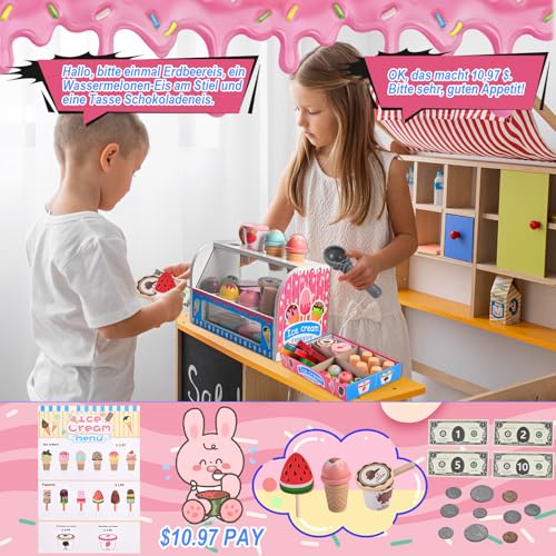 Wooderma Eisdiele Kinder Holz, Kinderküche Zubehör, Eisladen Kinder Holz, Kaufladen Rollenspiele, Holzspielzeug Spielküche Zubehör, Eiscreme Einkaufsladen, Montessori Spielzeug, Geschenk ab 3 Jahren