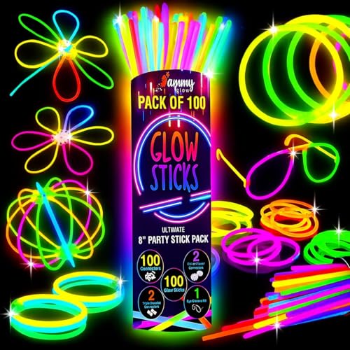 Glow Sticks Party Packs – 100 Glow in the Dark Party Supplies - Bracelets-Eye Glasses-Necklaces – Neon & Festival Accessories –Halloween Decorations- Kids Party Favors & Bag Fillers – 205 PCS
