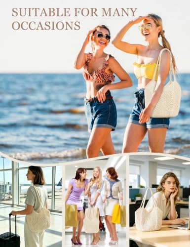 Image of Beach Bags for Women with Zipper, Large Straw Bag Woven Tote Bag Straw Shoulder Bag for Summer Vocation
