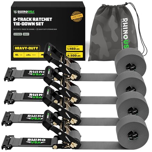 Rhino USA E Track Ratchet Tie Down Straps (4 500lb Break Strength) - Includes (4) Premium 2 x 16 eTrack Tie Downs - Ultimate Heavy Duty eTrack Cargo Strap System for Trailer Truck Motorcycle