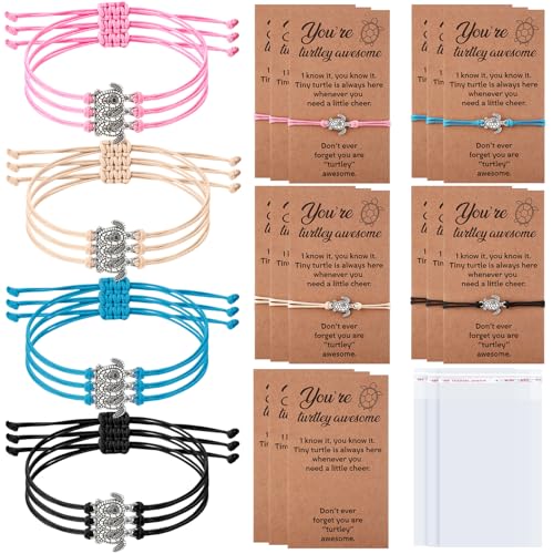 24 Sets Sea Turtle Bracelets for Women with Wish Cards Appreciation Gifts Turtle Charms Bracelets Inspirational Jewelry Gifts for Women Man Friendship Employee