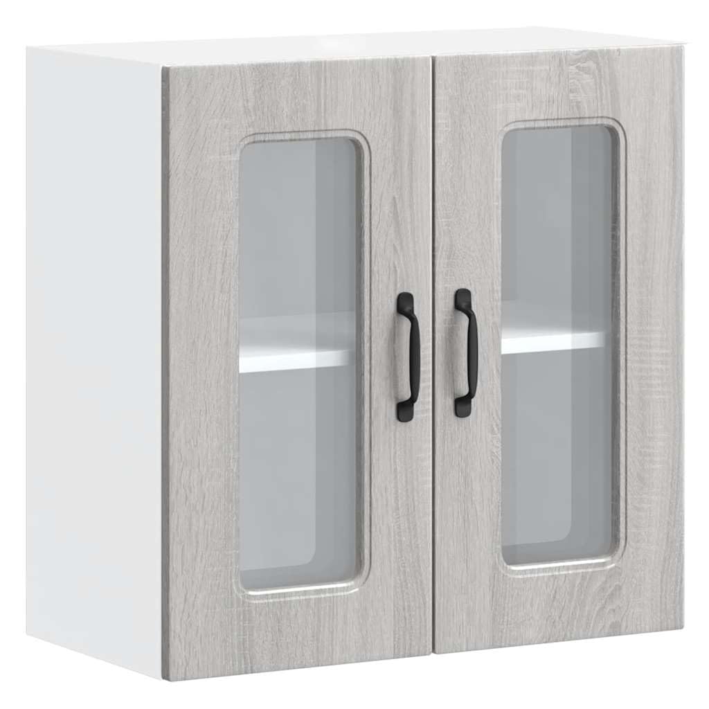 Kalmar Küchen-Hängeschrank Grau Sonoma Holzwerkstoff, 60x31x60cm, mit Glastür, Wandschrank für Küche, Speisekammer, Lagerung
