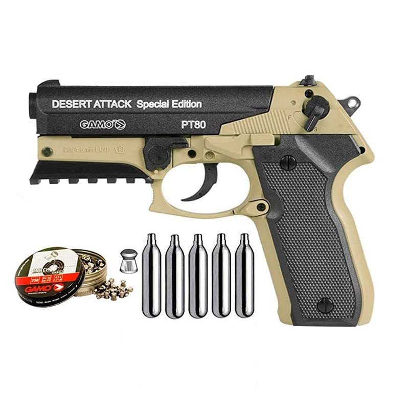 Pistola Perdigón Gamo PT 80 Desert Attack 4,5mm. + Funda + balines + bombonas co2. 42289/23054/29318