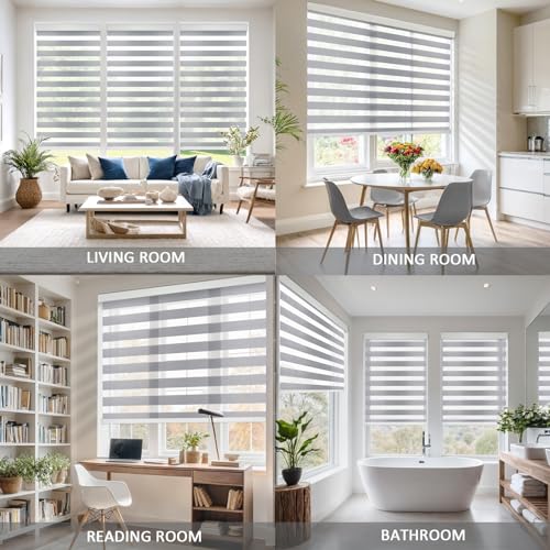 Image of Motorized Zebra Blinds Custom Size Smart Dual Layer Shades for Windows with Remote | Assembled in USA | Electric Day and Night Privacy Light Filtering Rechargeable Quiet Motor Window Shades