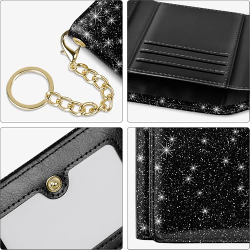 Image of Trifold Small RFID Blocking Wallet Pocket Cute Short Slim Sparkling Credit Card Holder Leather Keychain Ladies Mini Purse with ID Window, Glitter Black