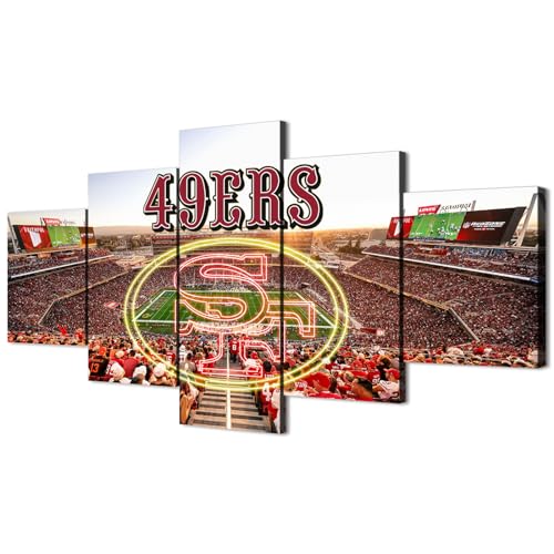 (60X100CM/5PCS) Framed Canvas Print Original Poster - San Francisco Stadium With 49ers Neon Sign - American football Wall Art for Home and Office Decor
