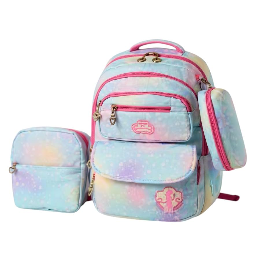 Mochila Escolar Infantil, Kit 3 Peças com Estojo e Bolsinha, para Meninas 7-12 Anos (ROSA/AZUL)