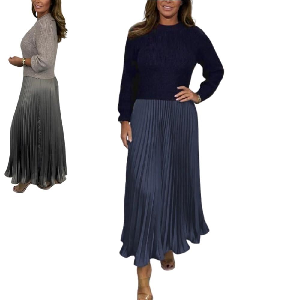 Lockenstab Women's Solid Color Long Sleeve Jumper & Pleated Bottom Dress Fashion Sweatshirt Top and(Blue,Medium)