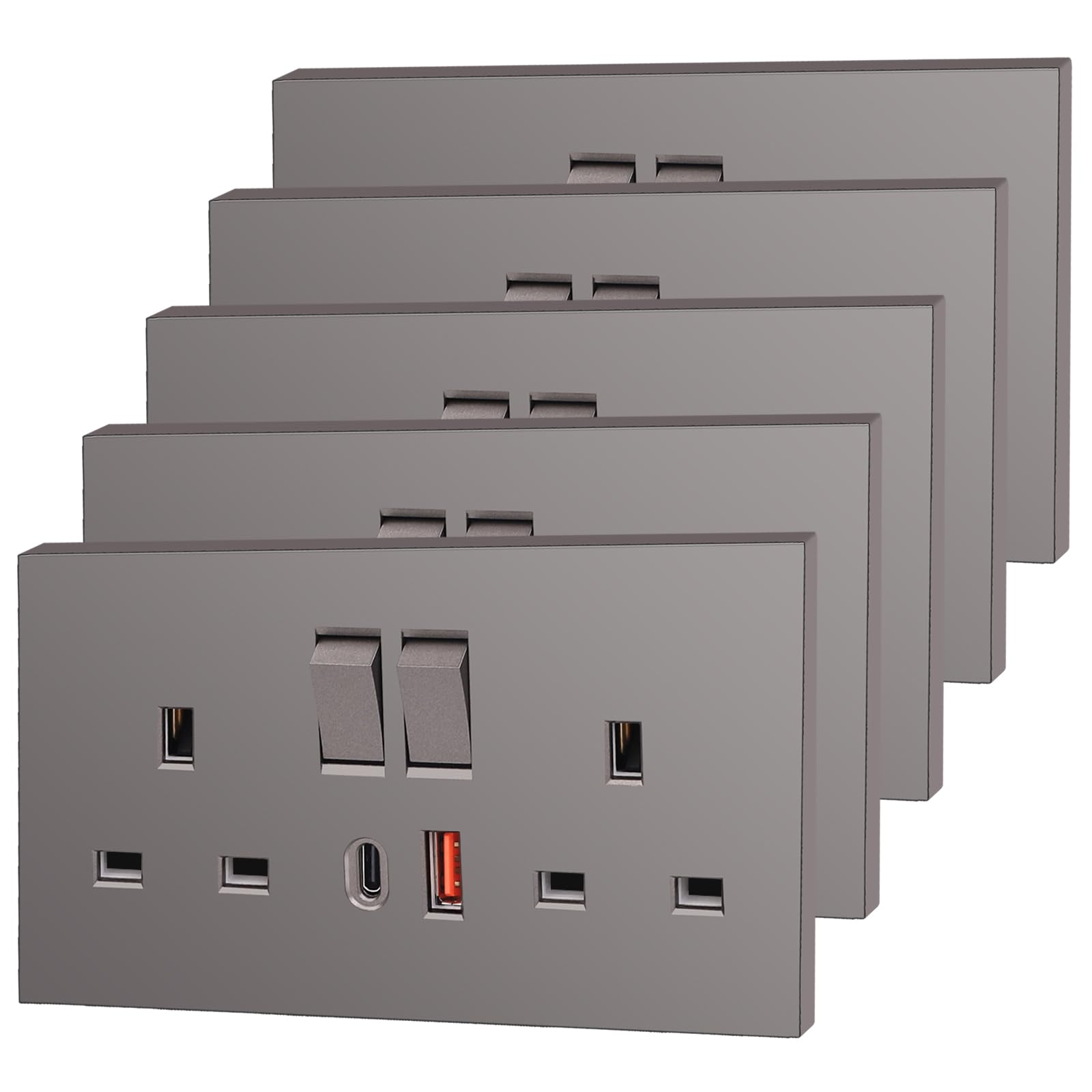 5 Pack CNBINGO USB Type C Double Socket, 20W Max Fast Charging, Double Switched Socket with 20W PD USB C and A, Electric Power Sockets 2 Gang 13 Amp, Grey Double Wall Outlet โ image 1