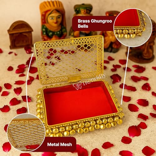 Image of Trendifly Ghungroo Metal Shagun Silver Gold Coin Sikka Chain Storage Anklet Holder Box | Gifting Purpose Decorative Ginni Dibbi | Wedding House Ceremony Pooja Babyshower Rakhi Diwali Return Gift Box