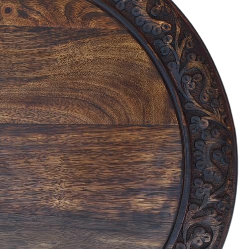 TUP THE URBAN PORT 18 Inch Mango Wood Folding Accent Table, Hand Carved, Walnut Brown