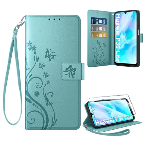 Coiwxmoi Coque pour Huawei P30 Lite + 1 Verre Trempé, Retro Design Housse Premium en Cuir PU Pochette de Portefeuille pour Porte Cartes Fonction Stand Flip...
