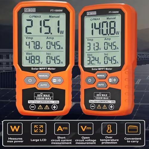 Image of ZIBOO FT-1000W Solar Panel Tester MPPT Meter - 1000W Max Power, 80V /35A PV Module Tester for Voc /Isc, Open Circuit Voltage & Short Circuit Current, with Backlight & Data Hold