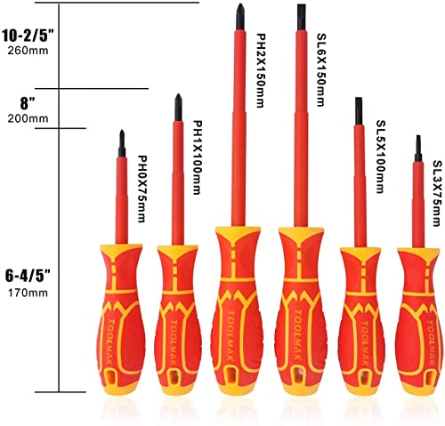 Insulated Screwdriver Set Toolmak 6-Piece 1000V Professional Magnetic Tip Electrician Screwdriver Kit With 3 Flat Tips And 3 Phillips Non-Slip Handle For Home Repair Improvement Craft #TOP1