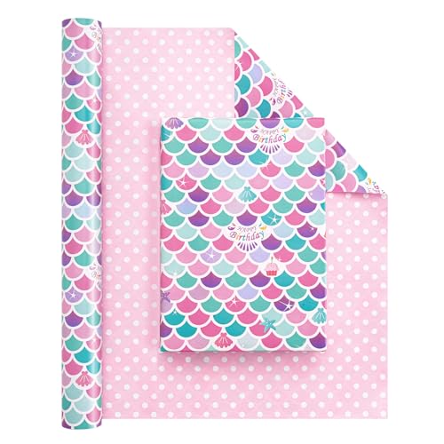 WERNNSAI Mermaid Wrapping Paper - 1 Roll 17 x 33 ft Reversible Birthday Wrapping Paper Roll Junbo Roll Mermaid Birthday Gift Wrap Kids Mermaid Party Favor Happy Birthday Wrapping Paper Polka Dot Design