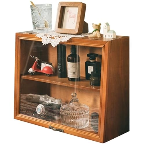 コレクションケース 棚 ディスプレイケース 木製 コレクションケース 卓上 小型 フナチュラル木目 Demanca 棚 2段棚板タイプ 横長 アンティーク ガラス アクリルキ ミニ 収納 ャビネット 透明コレクショ (M)