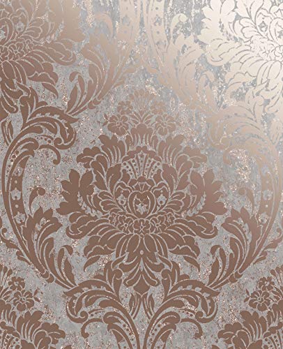 Superfresco Grey/Rose Gold Milan Metallic Damask Wallpaper
