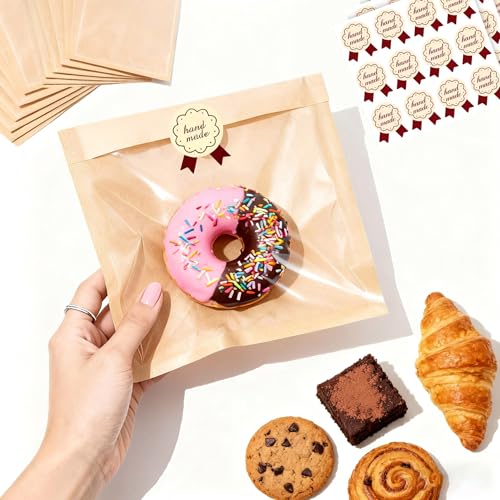 Cookie Bags with Window for Bakery, 100 Pack 7.1x7.5" Heat Seal Cookie Packaging Sleeves with Seal Sticker, Paper Treat Bag for Individual Bake Sale, Home Baked Brownie, Sandwich, Bread