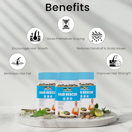 Image of Jeena Sikho Ayurveda Hair Rescue Capsules | Ayurvedic Supplement for Men & Women | Supports Hair Health, Scalp Care & Natural Shine | With Amla, Brahmi, Giloy & Bhringraj | 60 Capsules, Pack of 1