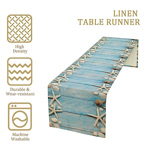 Image of Summer Beach Table Runner Dresser Scarves Beach Theme Cotton Linen Seashells Starfish Blue Rustic Wood Table Setting Decor for Wedding Party Holiday Dinner Home 13x120 inch
