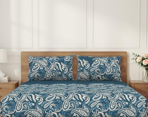 Image of Welspun ENZO Queen Size Fitted Bedsheet with 2 Pillow Covers | 360 Elastic | 100% Pure Cotton | 60 x 78 Inches | Soft, Breathable, Lightweight & Easy Care | Dark Blue