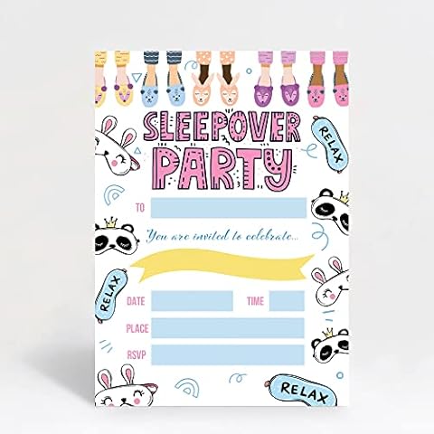 Hip Hip Hooray Sleepover Themed Birthday Party Invitations Invites Pack of 10 with Envelopes, pink & blue, A6 Cover
