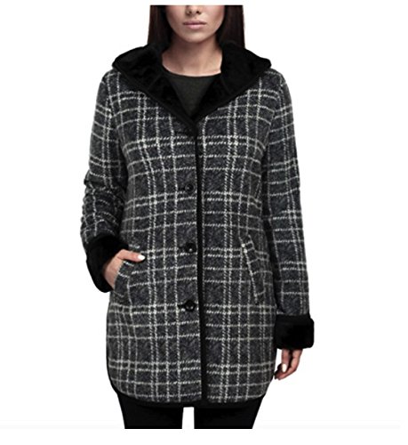 Ike Behar Ladies Plush Lined Hooded Jacket Faux Fur (Small, Charcoal Gray Plaid)