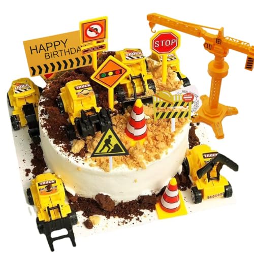 18 Piezas de Adornos para Pasteles de Excavadora, señales de tráfico para tartas, Decoración Tartas Construcción, Construcción Camión Pastel Decoración, Adornos Tartas Cumpleaños Infantil