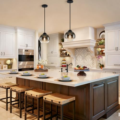 Image of MQMQA 2 Pack Globe Pendant Lights, Mid Century Pendant Light Fixtures, Globe Pendant Lights Kitchen Island with Gray Glass Shade Adjustable Hanging Fixture for Dining Room (Bulbs not Included)