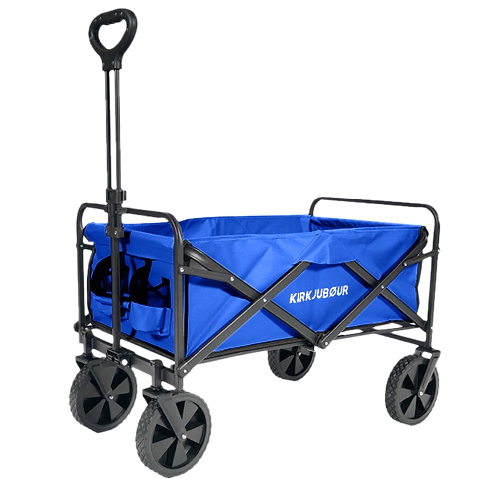 Kirkjubøur Carro plegable Edda, 90 x 52 x 55 cm, carro de mano para un transporte cómodo con 100 litros de volumen, soporta hasta 110 kg y ruedas delanteras giratorias 360° (azul marino)