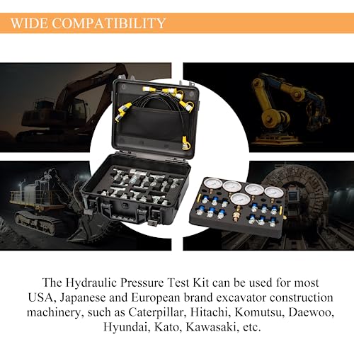 Image of Hydraulic Pressure Test Kit, 150 /1500 /4000 /6000 /10000 PSI, 5 Guages & 13 Test Couplings & 14 Tee Connectors & 5 Test Hoses, Hydraulic Pressure Guage Kit, for Excavator Construction Machinery