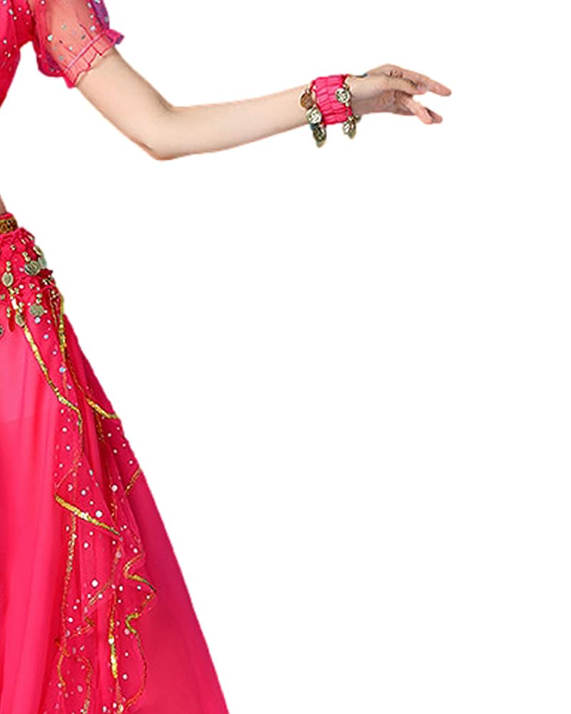 Bollywood Indian Womens Arabian lace Ribbon Belly Dance 3-Piece Dress Girl Costume (top/Skirt/Belt Scarf) (Pink, M) - Image 4