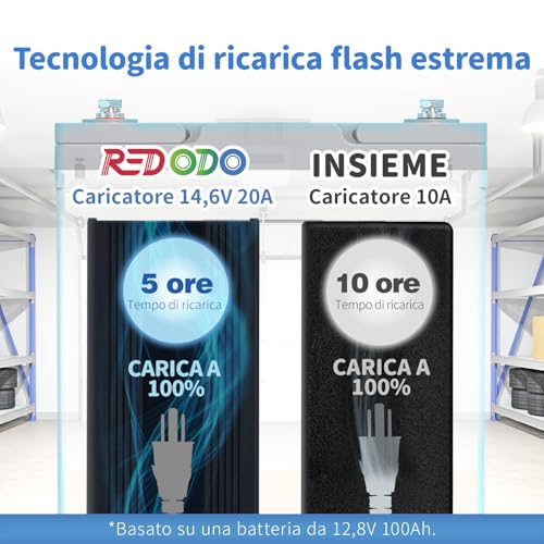 Redodo 14,6V 20A Caricabatterie Lifepo4 per Batterie Litio Ferro Fosfato, Carica Veloce, Alta Efficienza di Carica, Progettato per Caricare Batterie LiFePO4 a Ciclo Profondo