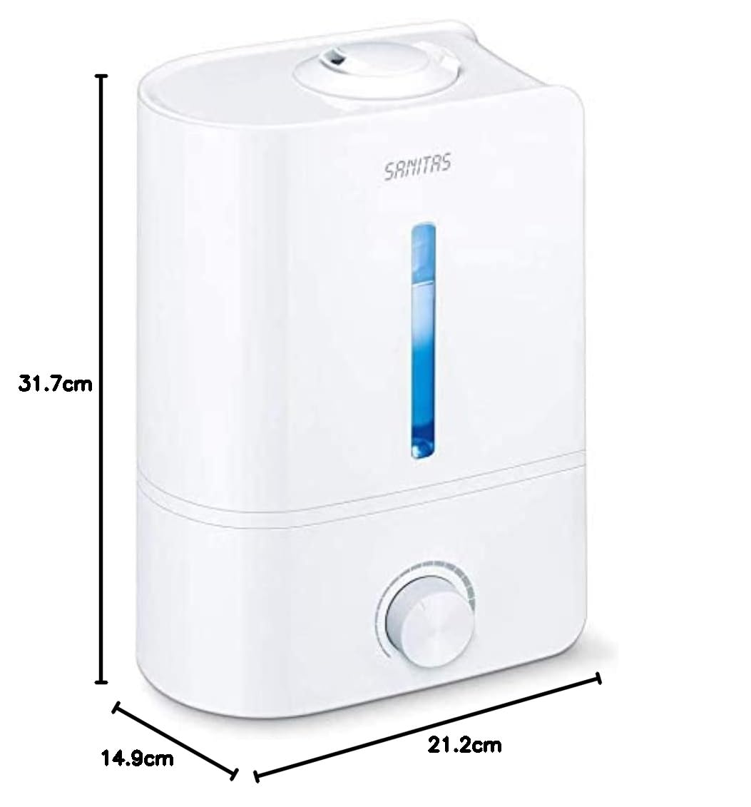 Sanitas SLB 40 - Humidificador de aire por ultrasonidos para humidificación del aire de la habitación, con función de aroma, para habitaciones de hasta 30 m², silencioso