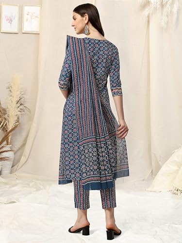 Image of MIRCHI FASHION Women's Straight Fit Cotton Ethnic Block Motif Printed Kurta Set with Dupatta and Trouser