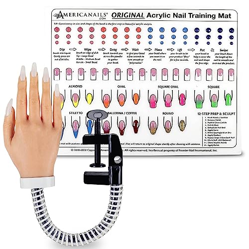 Americanails RealisTech Acrylic Nail Training Mat and Ultra Lifelike Silicone Practice Hand with FlexiArm - Nail Tech Training Tool, Flexible Practice Hand, Silicone Trainer Sheet for Practice