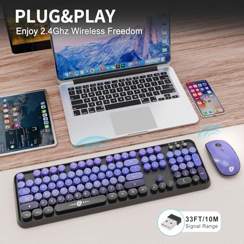 Image of Wireless Keyboard and Mouse Combo, 2.4G USB Cordless Round Keyboard and Mouse for Laptop Computer TV (102 Keys Purple Black)
