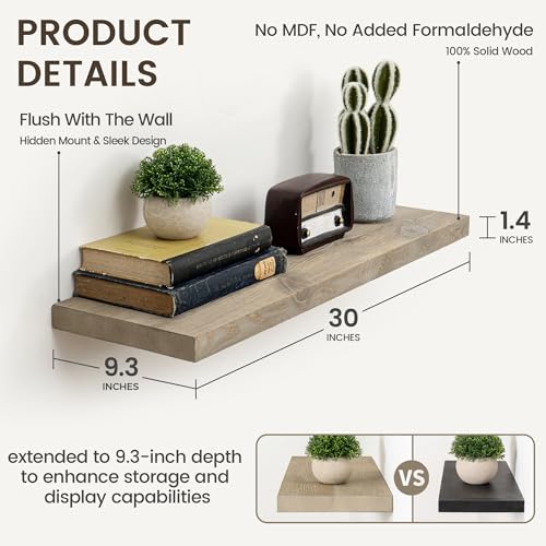 Image of Marsmiles 30 Inch Floating Shelves | 9.3 Inch Deep Grey Wood Wall Shelves Set of 2 | Rustic Reclaimed Wood Shelves for Room Wall | Farmhouse Floating Shelves for Living Room Bathroom