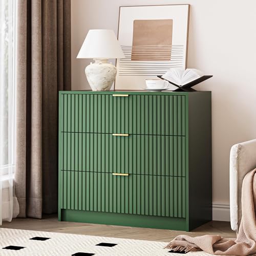 Image of MAISONARIA Green Fluted Dresser for Bedroom, 32 Inch Wide Nightstand with Large Drawer, 3 Drawer End Table for Bedroom, Living Rooms, Offices, and Entryways