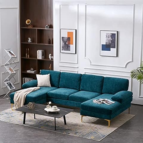 POULEII Sectional Sofa,Modern U-Shape Modular Sectional Sofa Sleeper Couch with Chenille Fabric and Gold-Plated Feet for Living Room, Apartment, Office,Blue-Green Cover